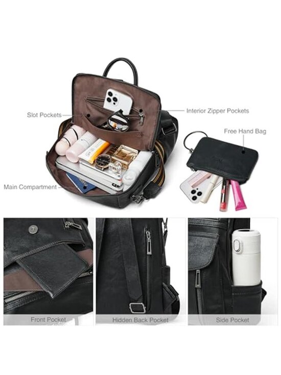 Black Faux Leather Backpack Purse Women Convertible Shoulder Bag Wristlet main image 5